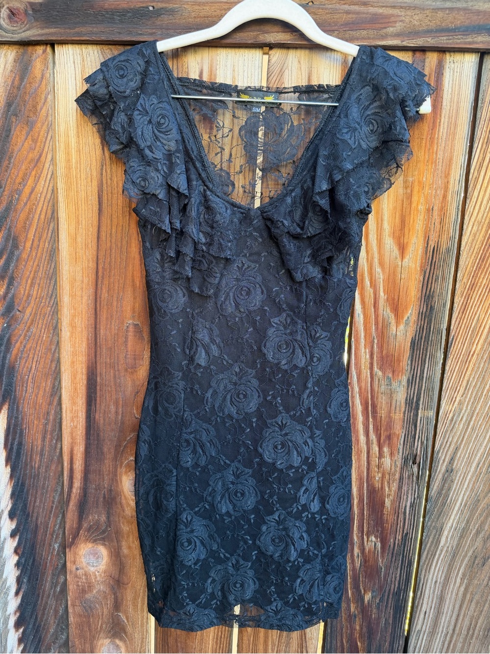 Black Floral Lace Ruffled Sleeve Dress